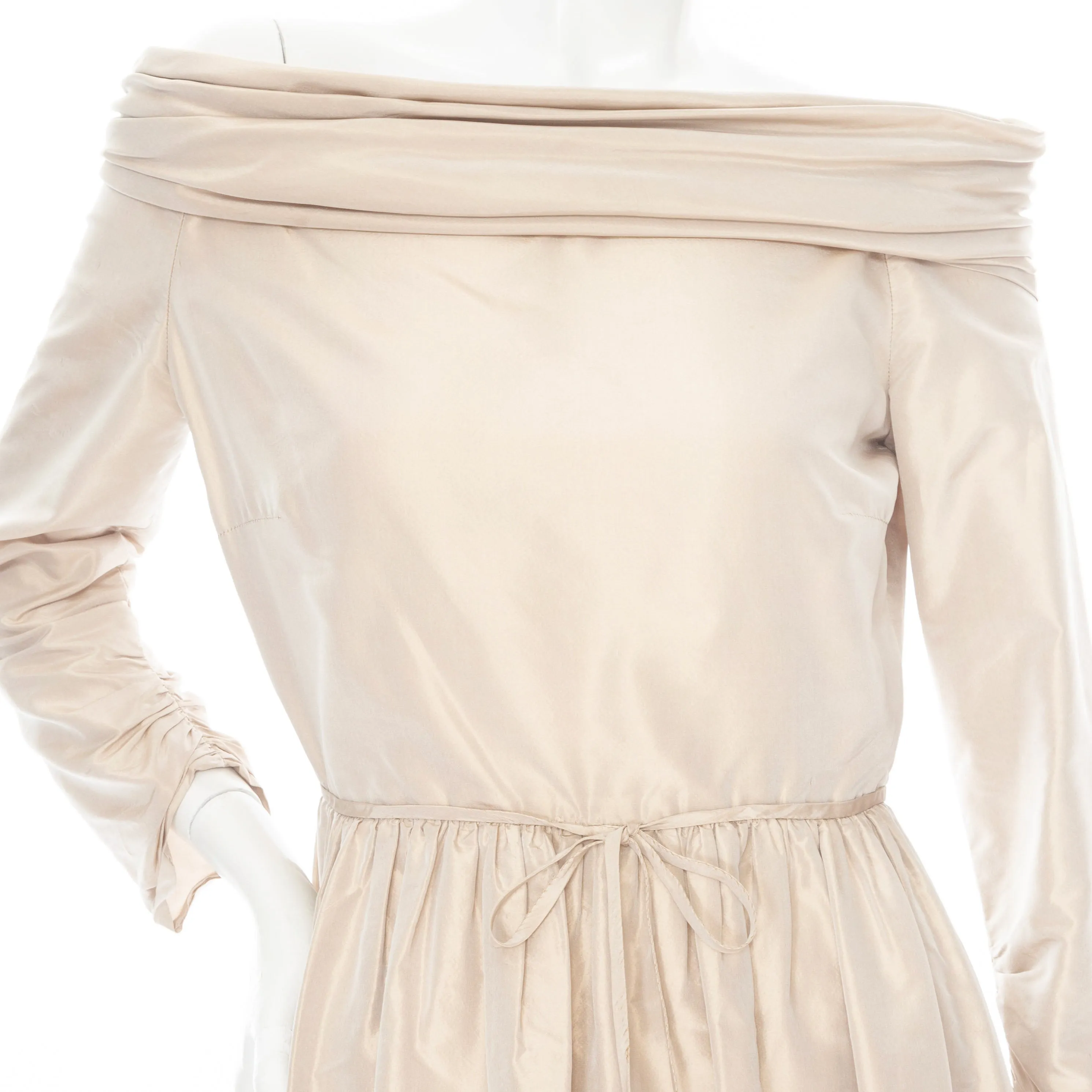 1970s Champagne Taffeta Off Shoulder Dress