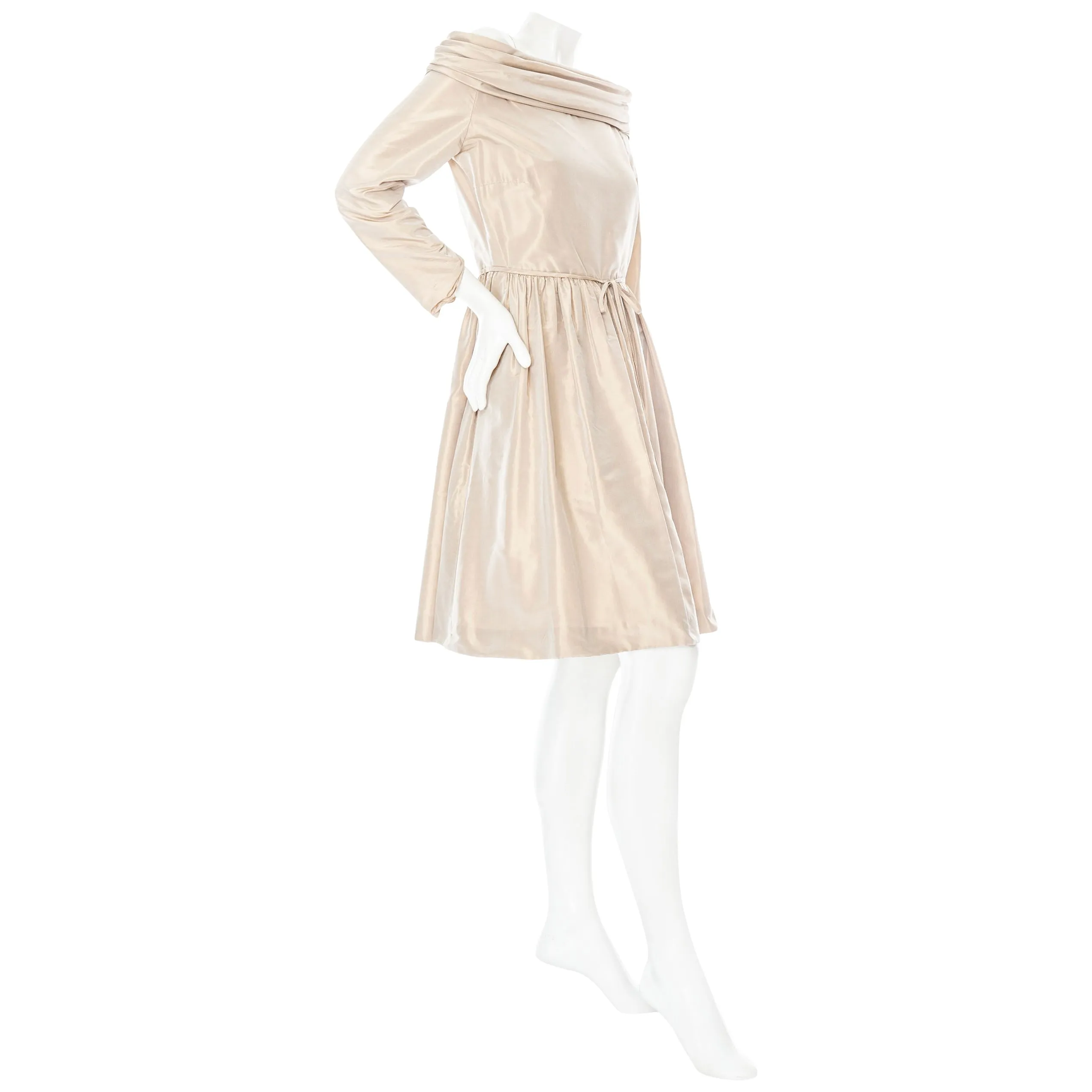 1970s Champagne Taffeta Off Shoulder Dress