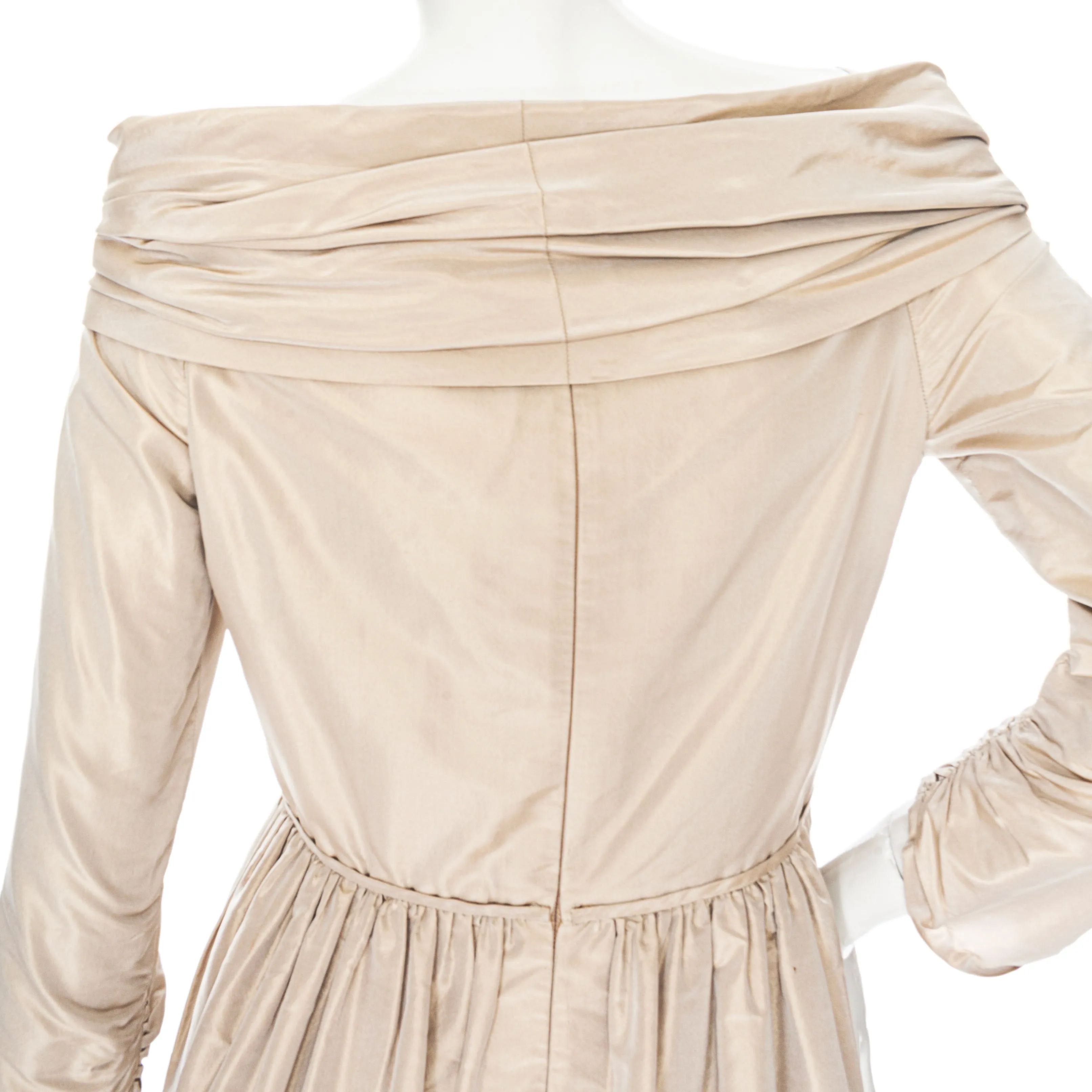 1970s Champagne Taffeta Off Shoulder Dress