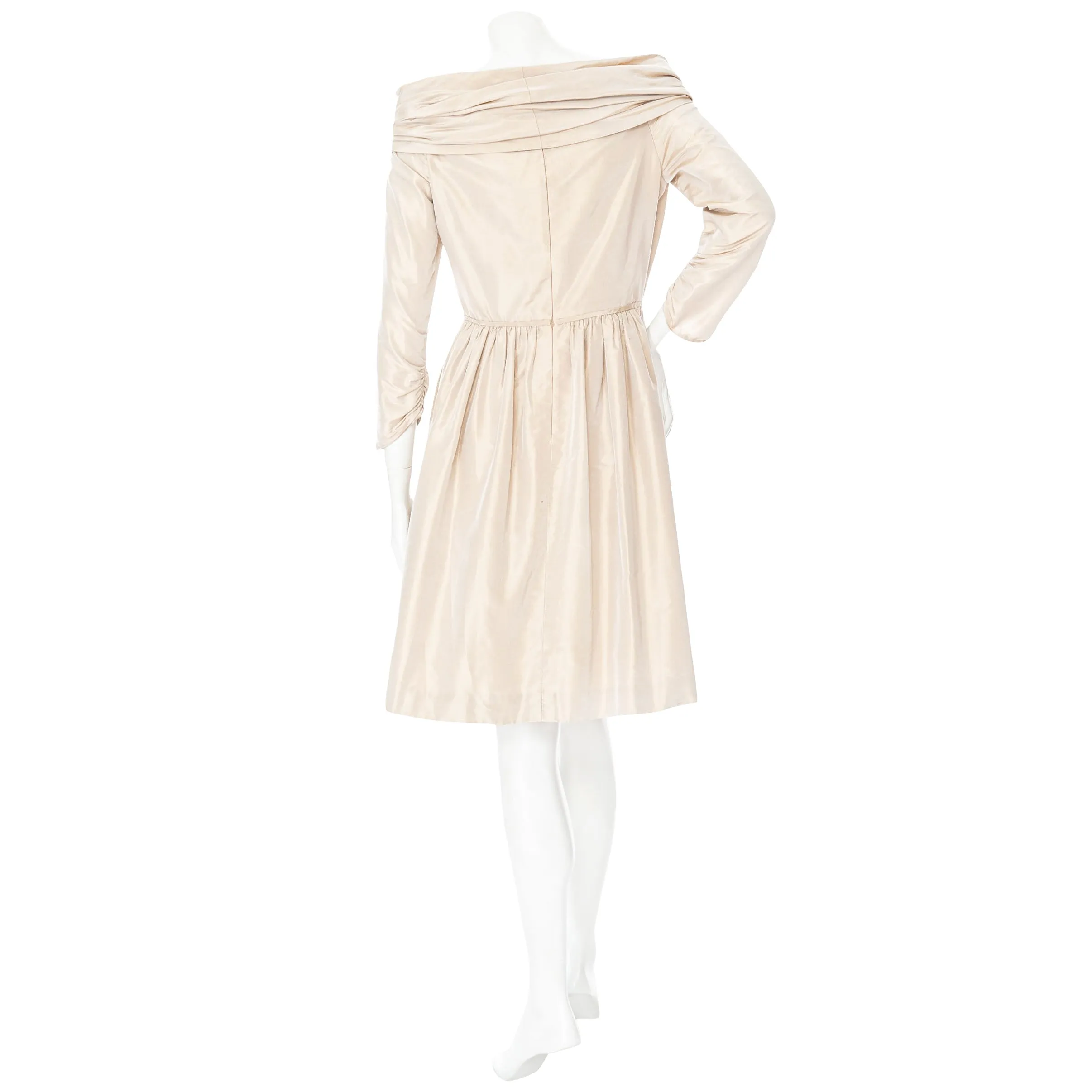 1970s Champagne Taffeta Off Shoulder Dress