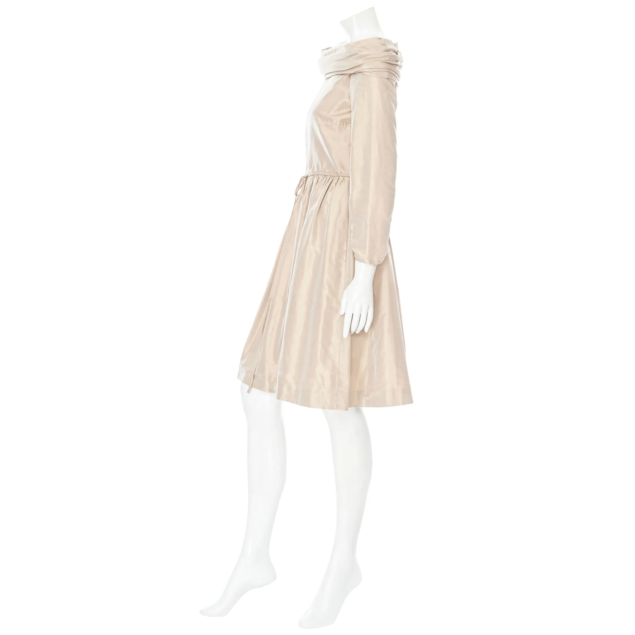 1970s Champagne Taffeta Off Shoulder Dress