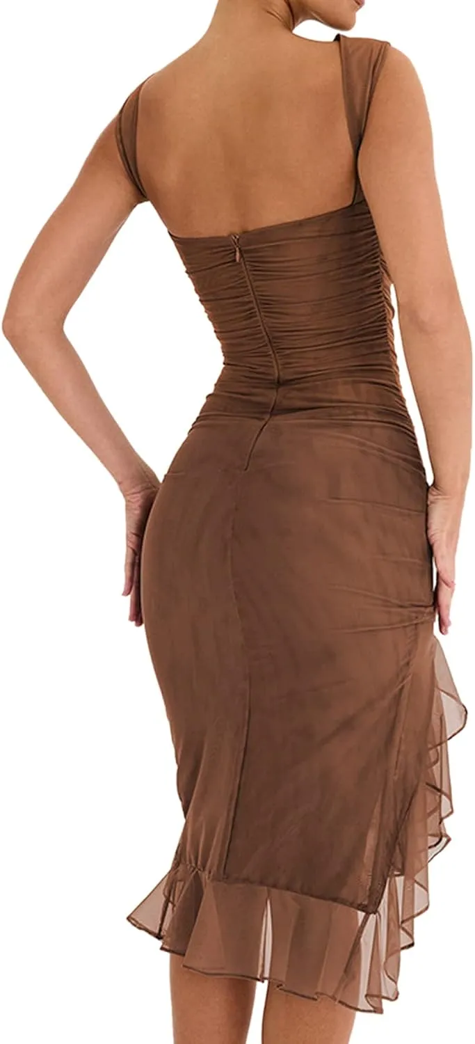 AIBEARTY Women's Sleeveless Asymmetrical Ruffle Hem Mermaid Midi Dress Irregular Ruched Backless Party Club Cocktail Dresses