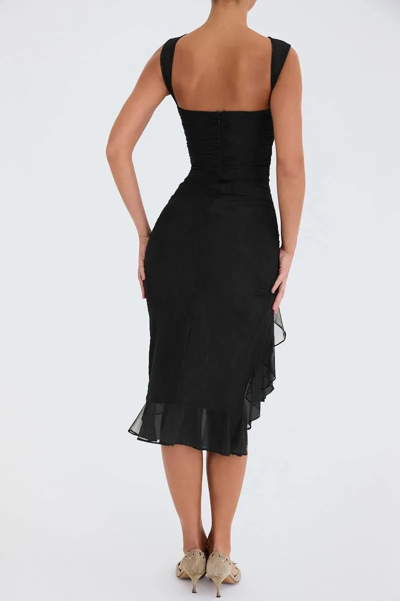 AIBEARTY Women's Sleeveless Asymmetrical Ruffle Hem Mermaid Midi Dress Irregular Ruched Backless Party Club Cocktail Dresses