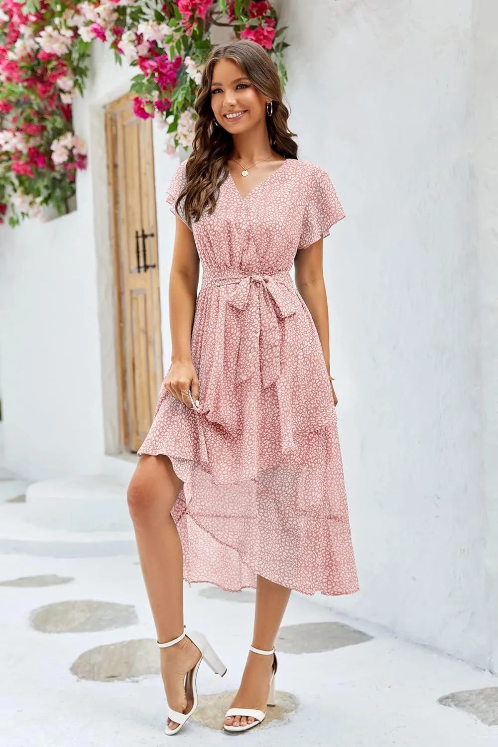 Aoysky Women's Bohemian Floral Printed Short Sleeve Summer Dress Wrap V Neck Beach Flowy Ruffle Hem Midi Dresses