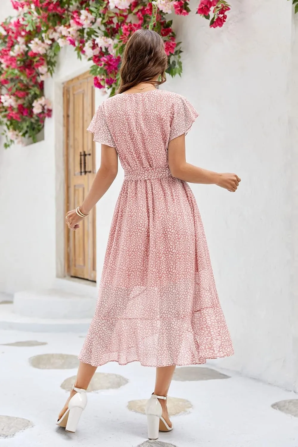 Aoysky Women's Bohemian Floral Printed Short Sleeve Summer Dress Wrap V Neck Beach Flowy Ruffle Hem Midi Dresses
