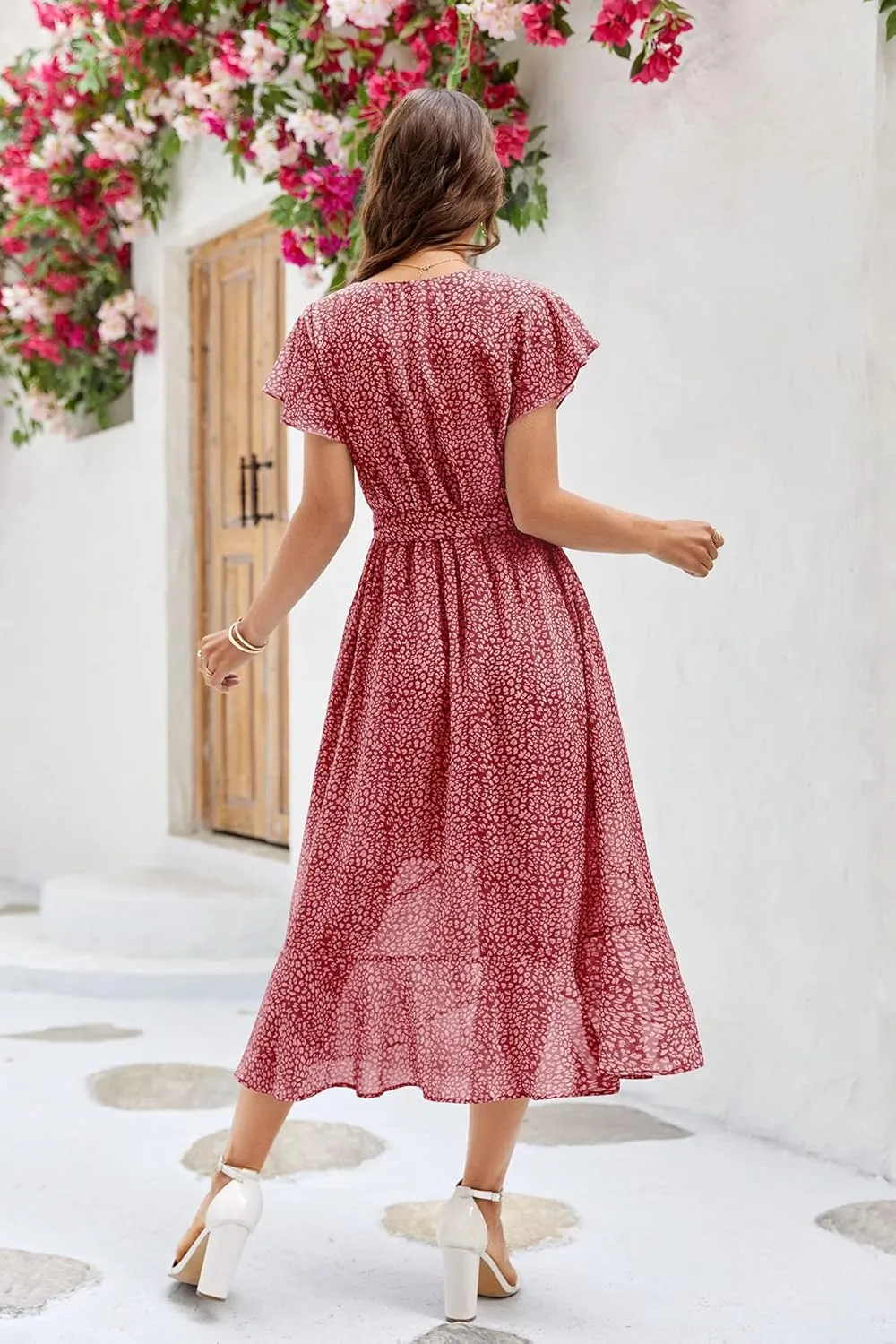 Aoysky Women's Bohemian Floral Printed Short Sleeve Summer Dress Wrap V Neck Beach Flowy Ruffle Hem Midi Dresses