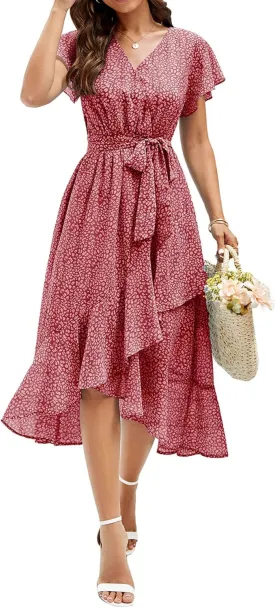 Aoysky Women's Bohemian Floral Printed Short Sleeve Summer Dress Wrap V Neck Beach Flowy Ruffle Hem Midi Dresses