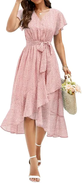 Aoysky Women's Bohemian Floral Printed Short Sleeve Summer Dress Wrap V Neck Beach Flowy Ruffle Hem Midi Dresses