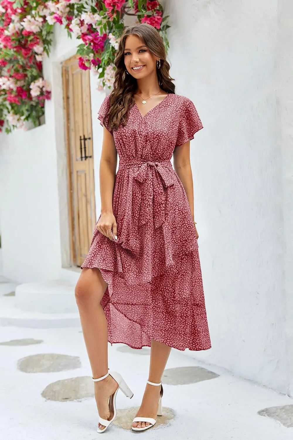 Aoysky Women's Bohemian Floral Printed Short Sleeve Summer Dress Wrap V Neck Beach Flowy Ruffle Hem Midi Dresses
