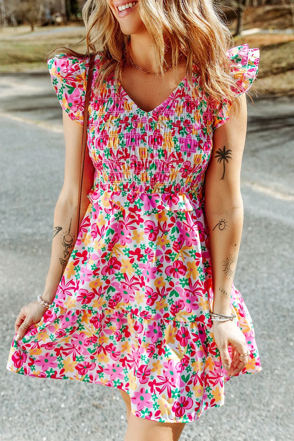 *APP EXCLUSIVE* Floral Ruffle Trim Smocked Dress