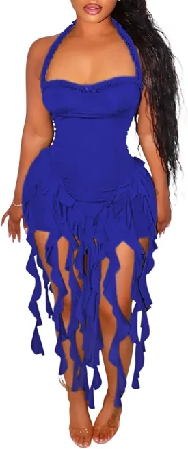 Aro Lora Womens Sexy Halter Neck Sleeveless Ruffle Tassel Party Club Bodycon Mini Dress