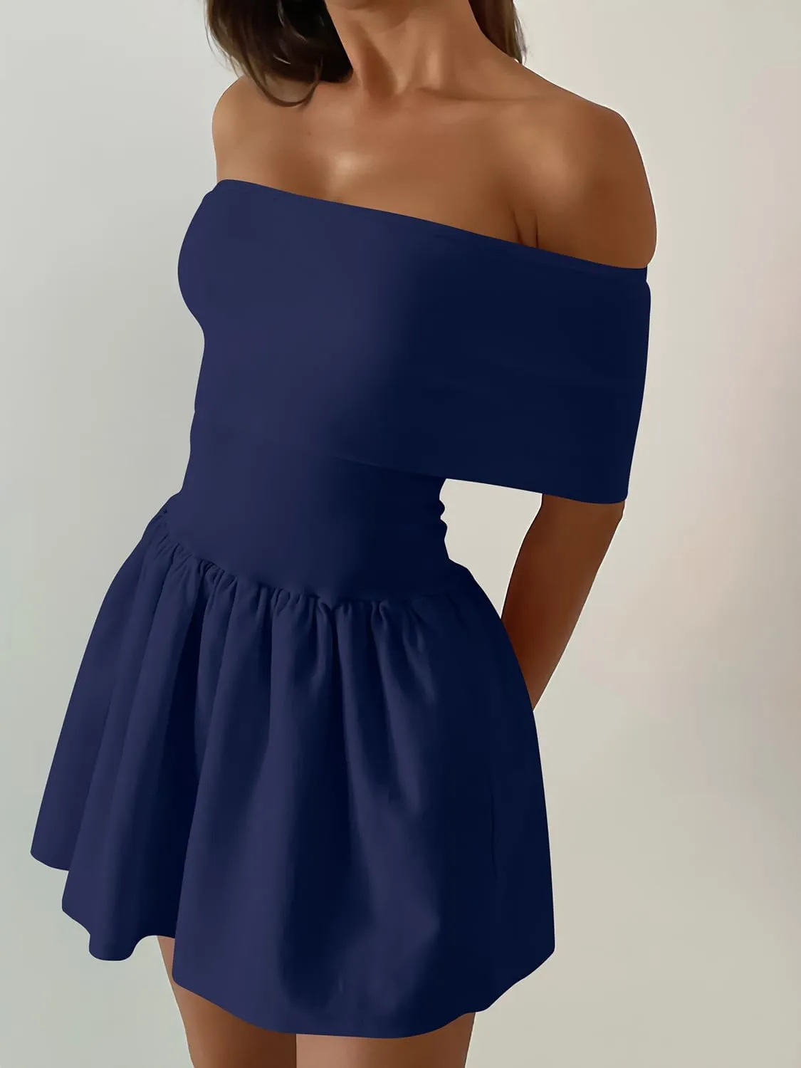 Atizon Women's Summer Off The Shoulder Mini Dress Casual Short Sleeve Trendy Cocktail Party A Line Dresses
