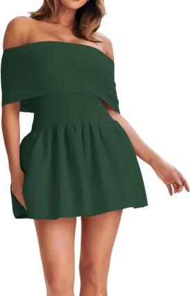 Atizon Women's Summer Off The Shoulder Mini Dress Casual Short Sleeve Trendy Cocktail Party A Line Dresses