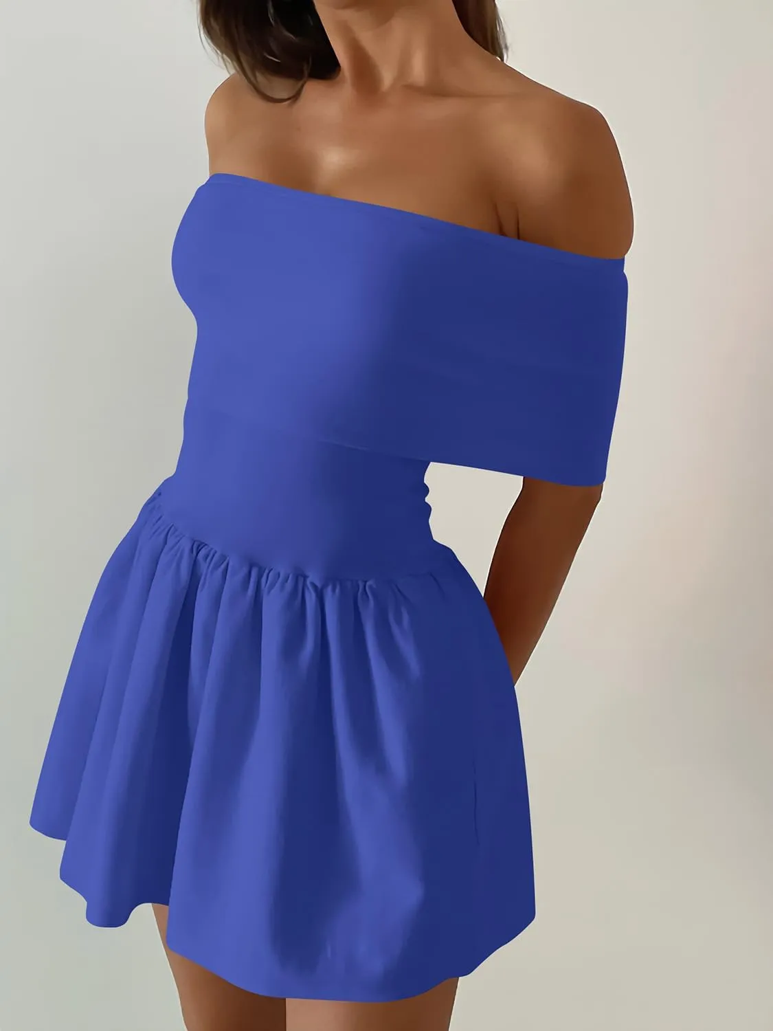 Atizon Women's Summer Off The Shoulder Mini Dress Casual Short Sleeve Trendy Cocktail Party A Line Dresses