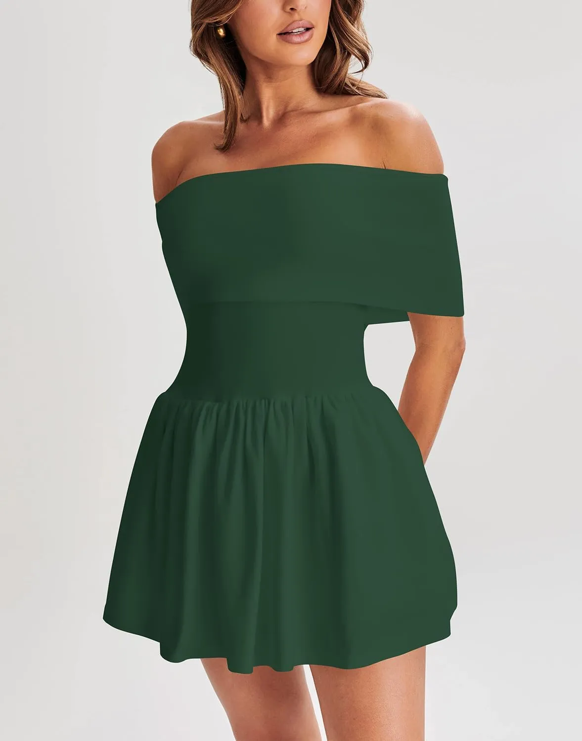 Atizon Women's Summer Off The Shoulder Mini Dress Casual Short Sleeve Trendy Cocktail Party A Line Dresses