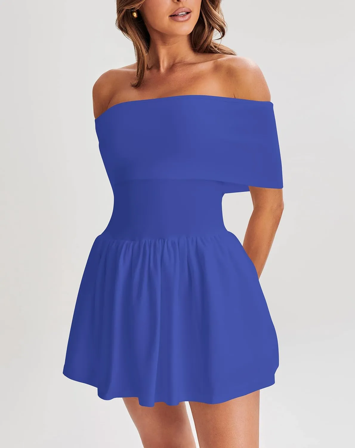 Atizon Women's Summer Off The Shoulder Mini Dress Casual Short Sleeve Trendy Cocktail Party A Line Dresses