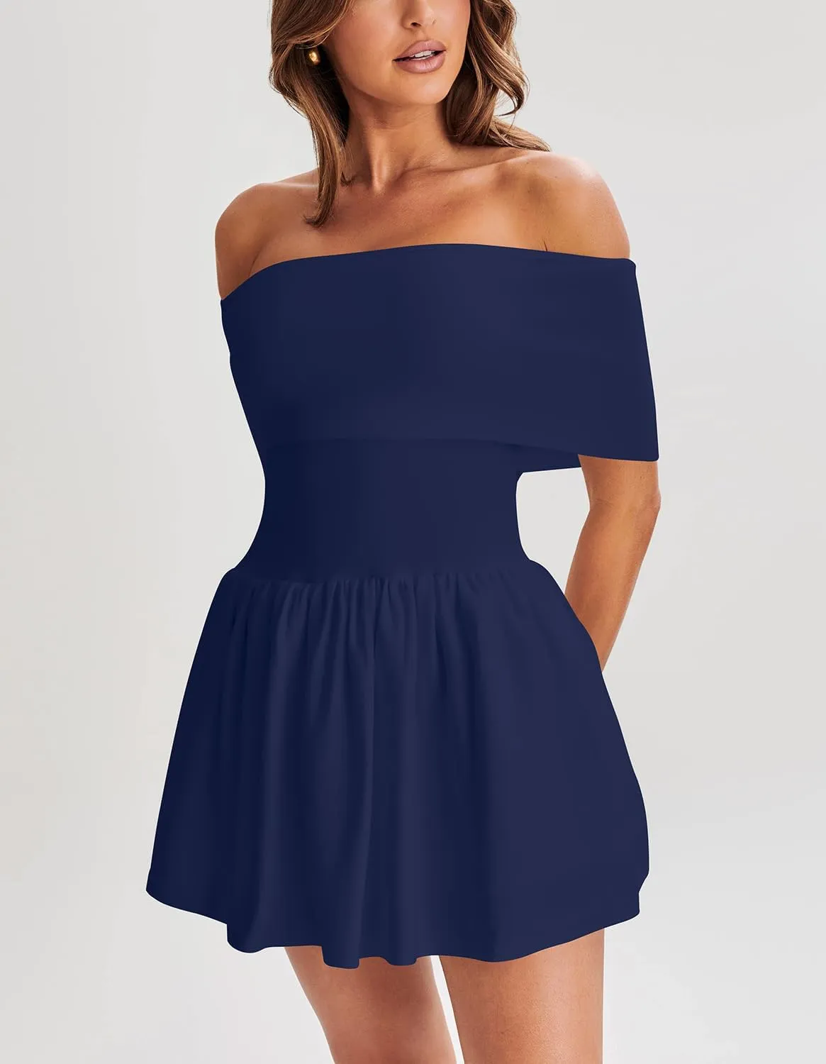Atizon Women's Summer Off The Shoulder Mini Dress Casual Short Sleeve Trendy Cocktail Party A Line Dresses