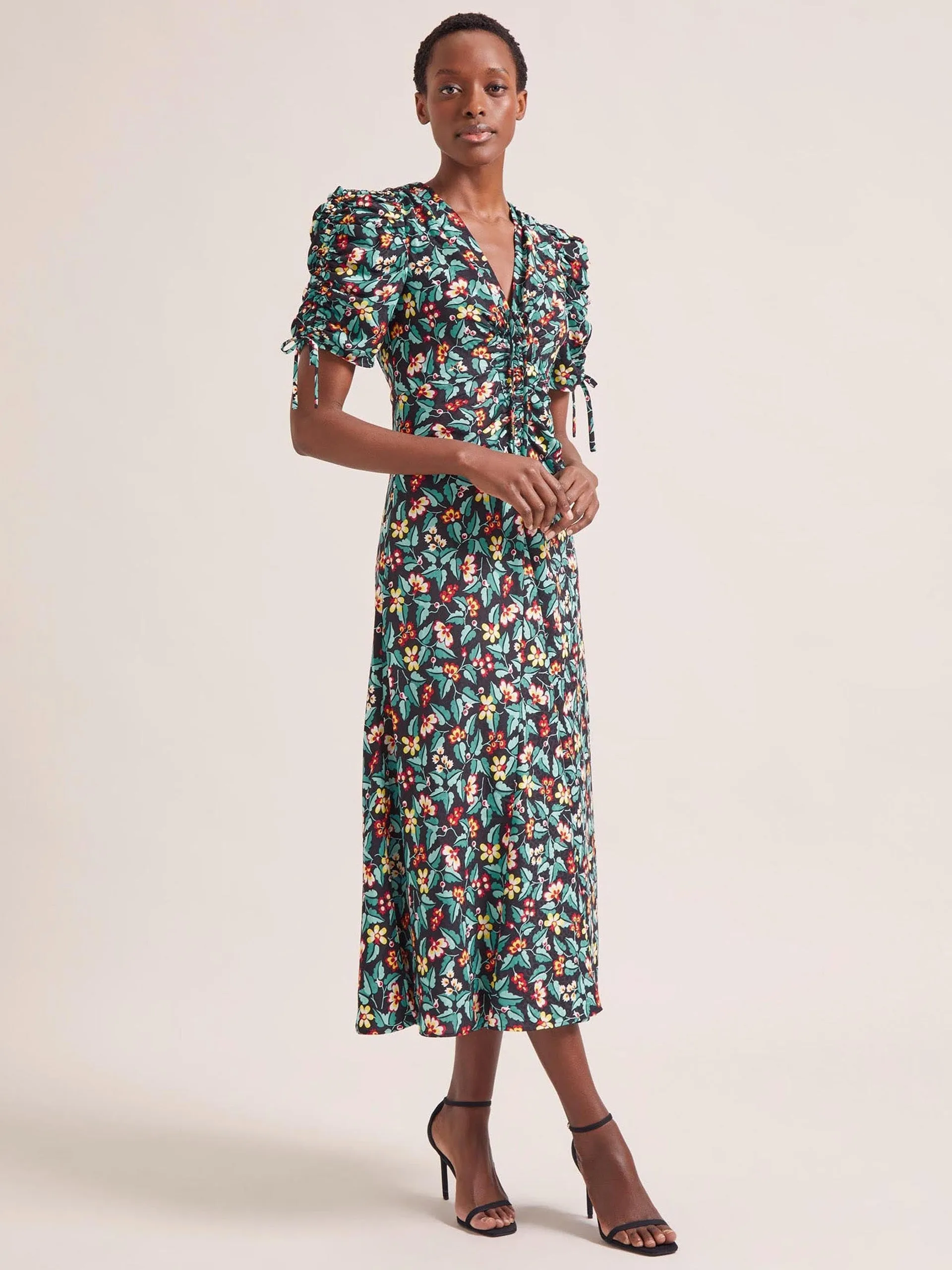 Black multi tropical floral print Ophelia bias cut maxi dress