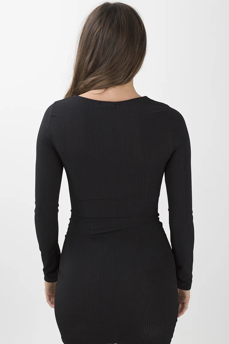 Black Ribbed Cut Out Bodycon Dress - Millie