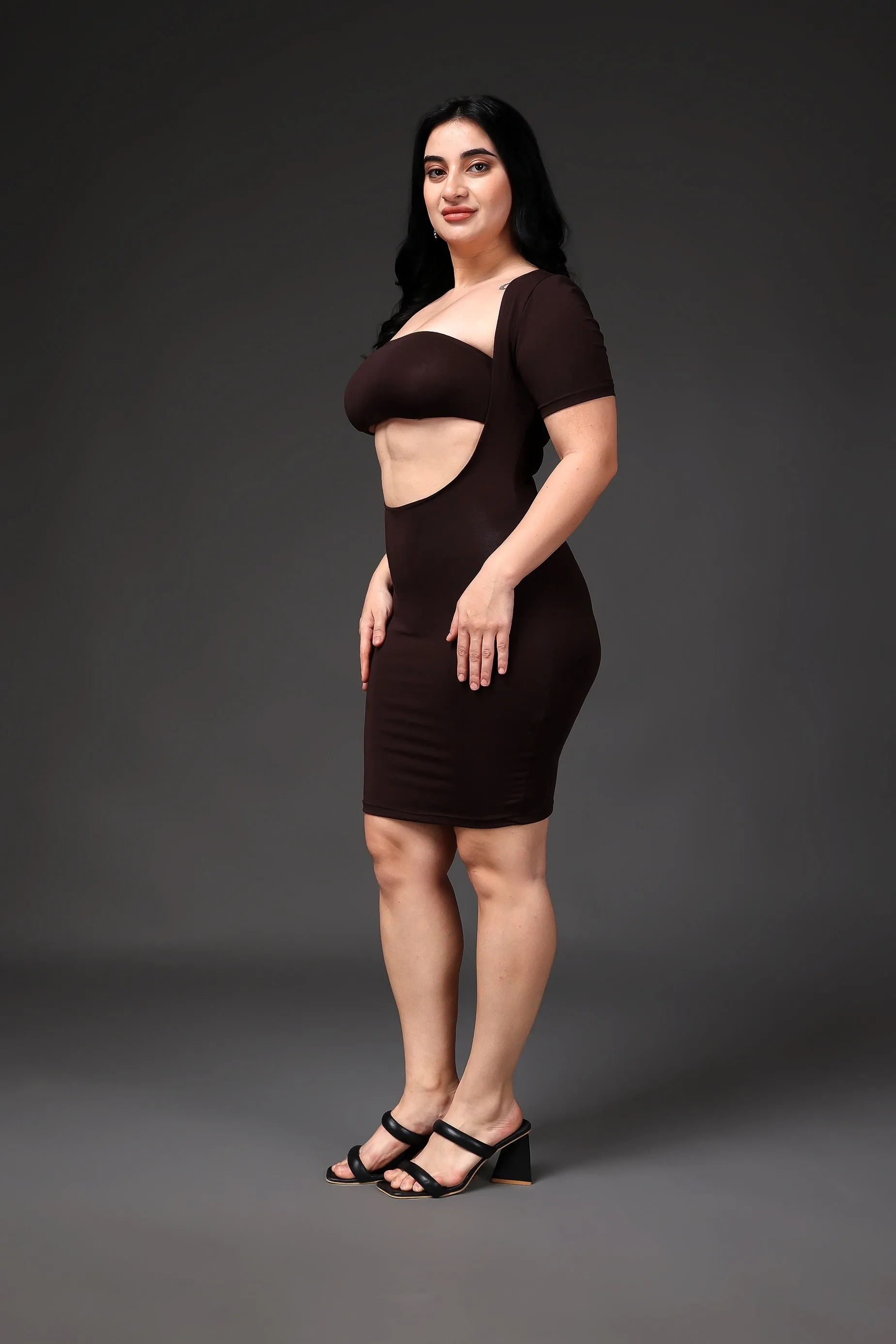Brown Solid Bustier Front Cut Dress