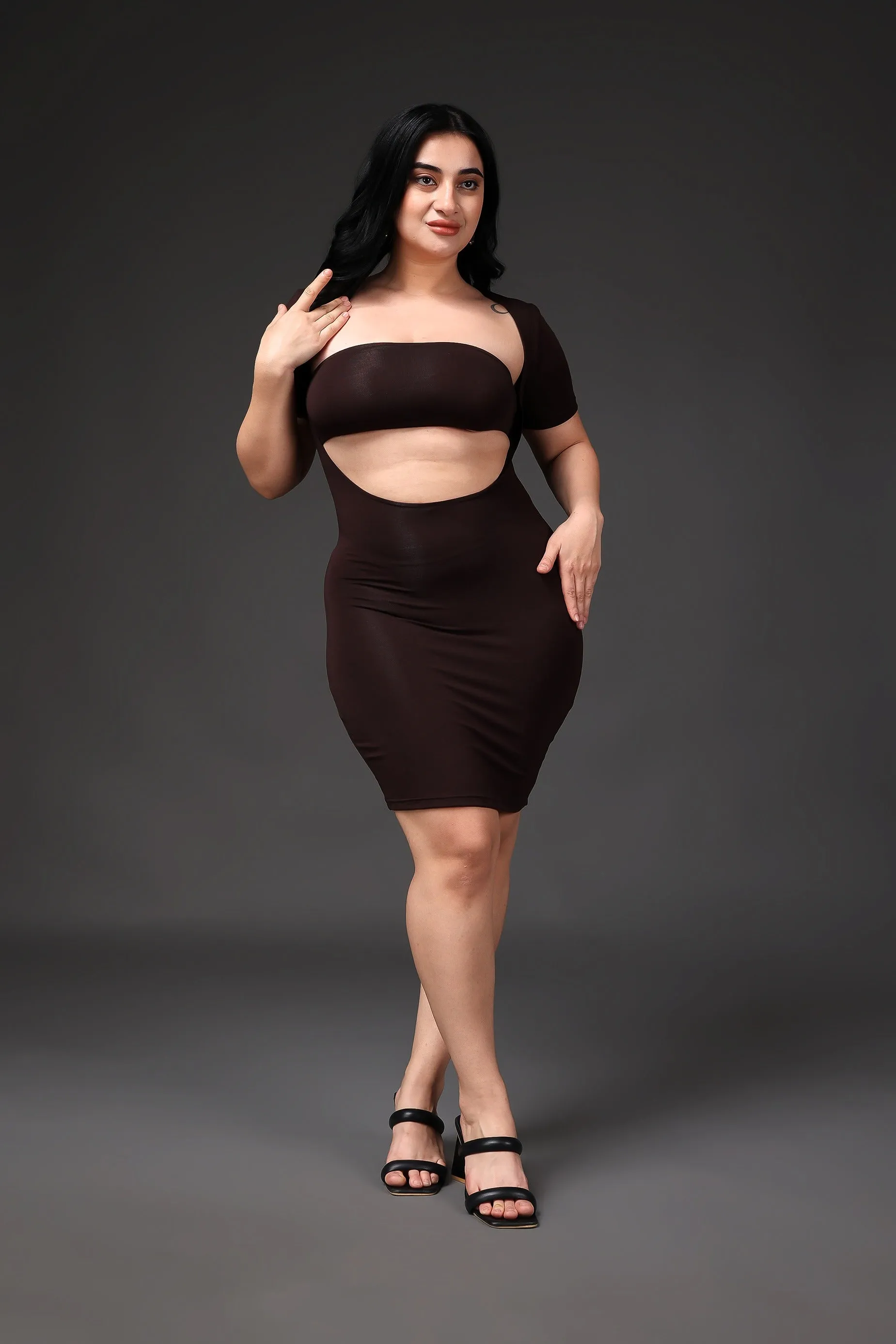 Brown Solid Bustier Front Cut Dress