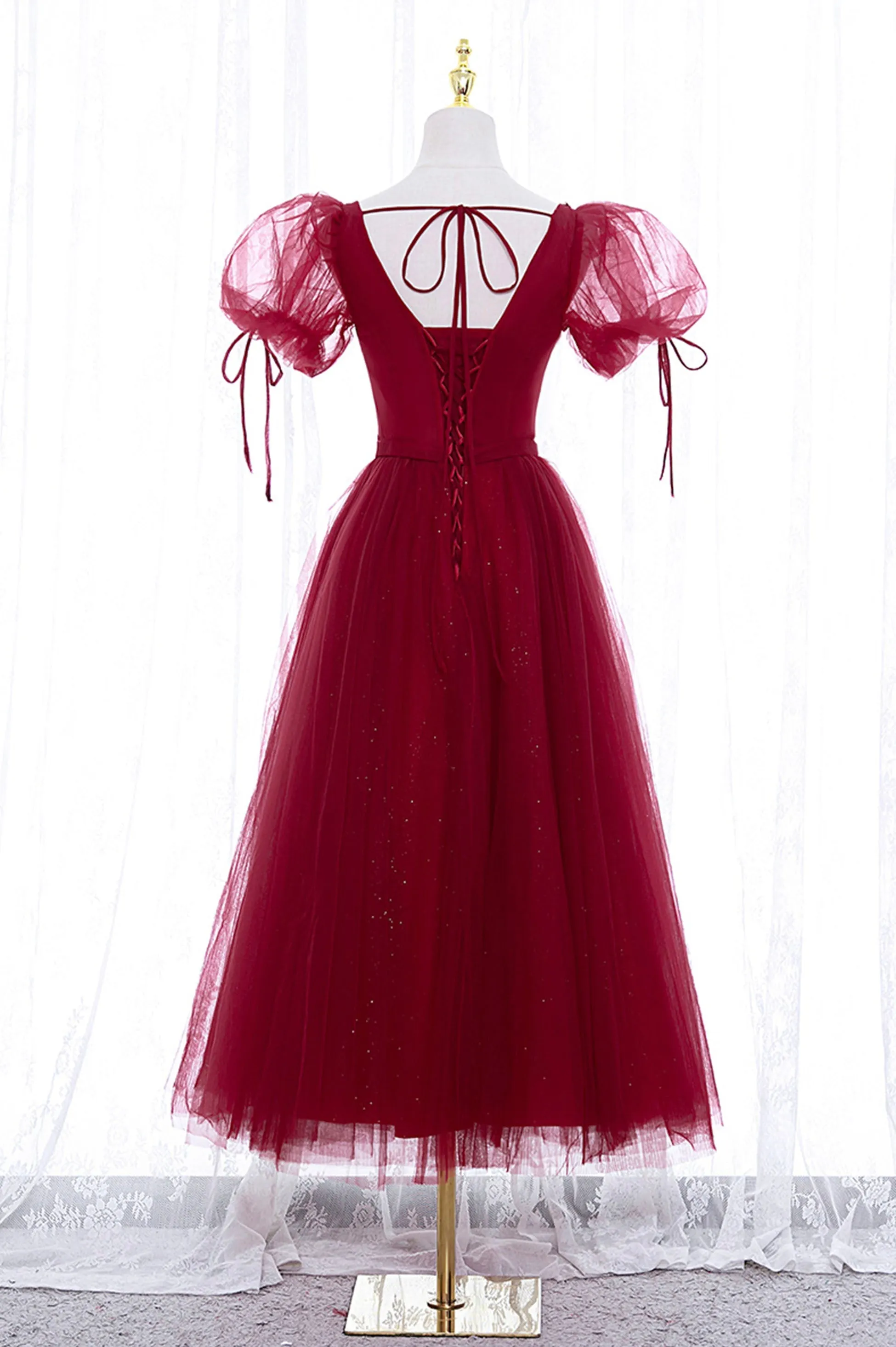 Burgundy Short Sleeve Tulle Tea Length Prom Dress A-Line Party Dress
