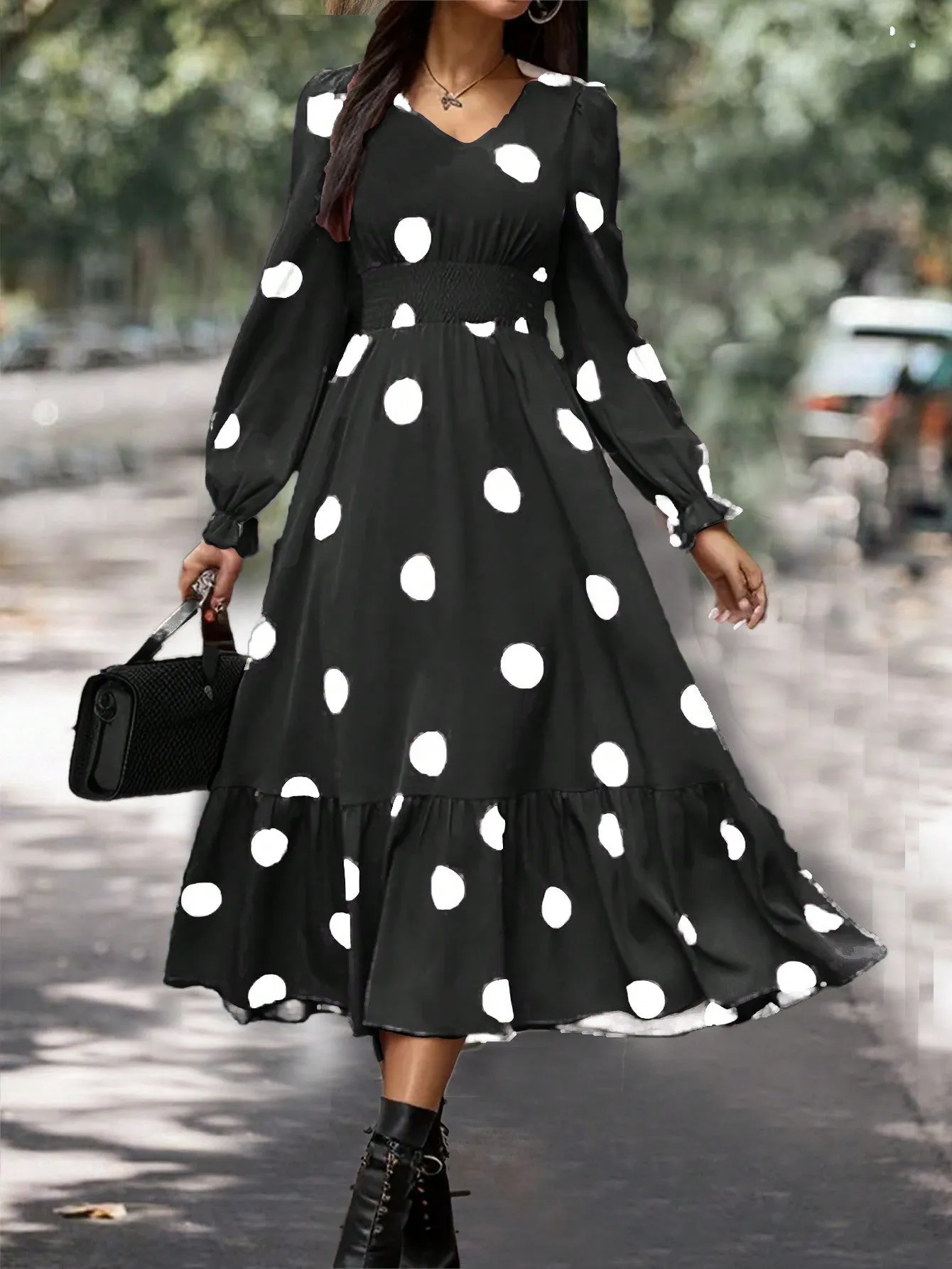 Clasi Women Polka Dot Bubble Sleeve Dress With Ruffle Hem