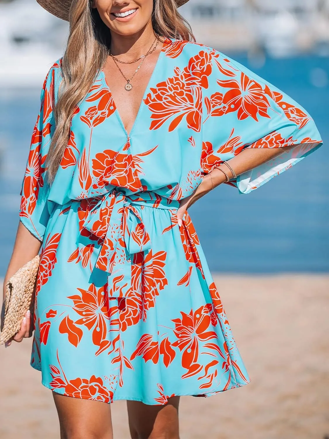 CUPSHE Women's Mini Dress V Neck Floral Half Dolman Sleeve Belted Loose Fit Short Summer Beach Dress