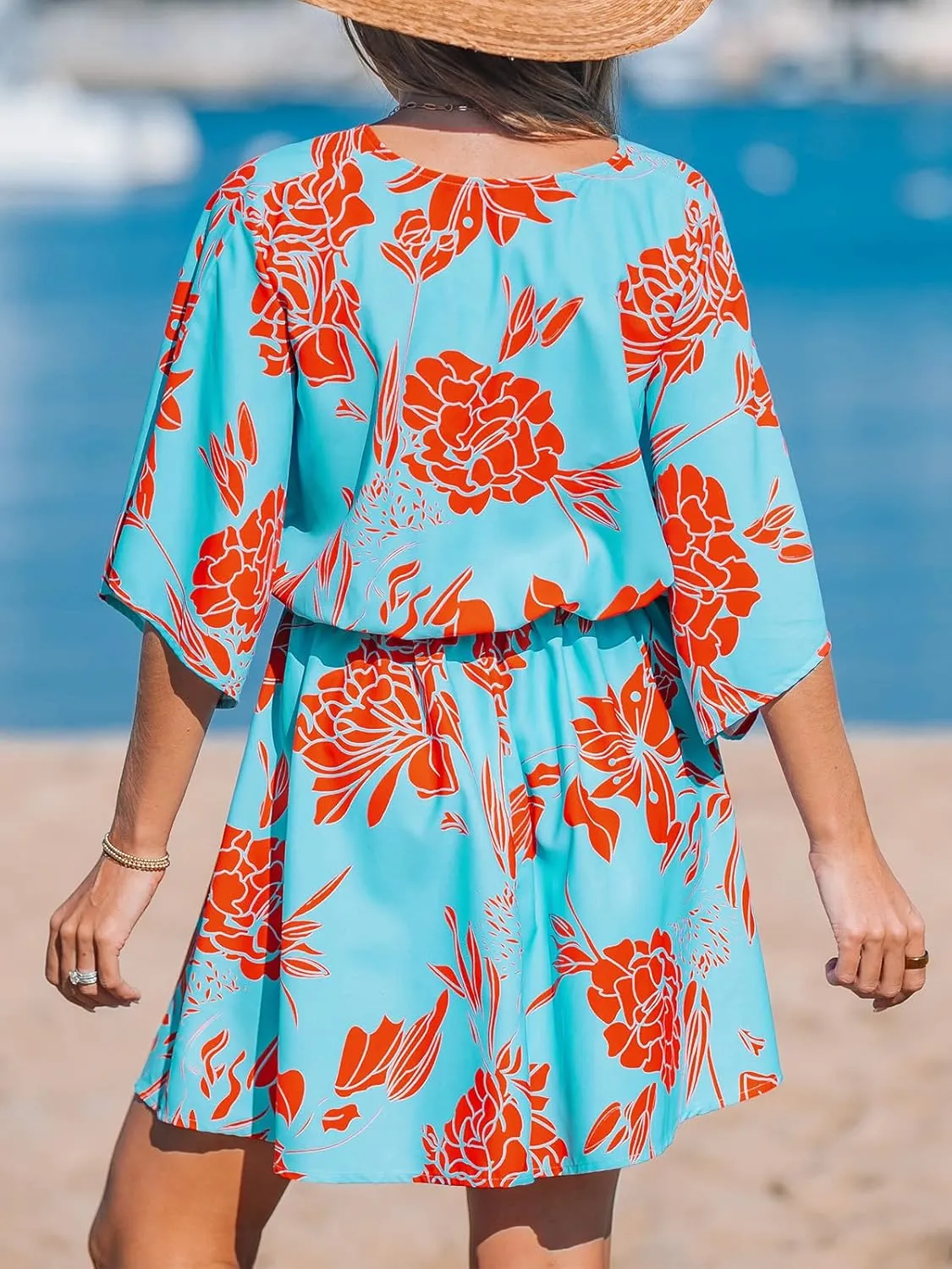 CUPSHE Women's Mini Dress V Neck Floral Half Dolman Sleeve Belted Loose Fit Short Summer Beach Dress