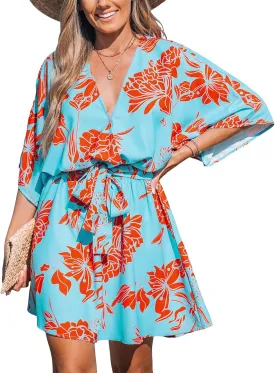 CUPSHE Women's Mini Dress V Neck Floral Half Dolman Sleeve Belted Loose Fit Short Summer Beach Dress