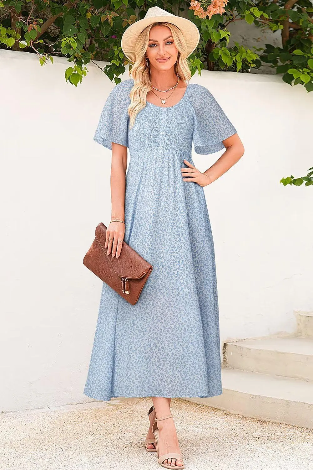 Dokotoo Womens Dresses 2025 Square Neck Tie Backless Summer Dresses Cap Sleeve Floral Buttoned Empire Waist Maxi Dress