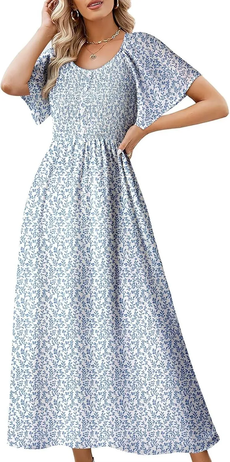Dokotoo Womens Dresses 2025 Square Neck Tie Backless Summer Dresses Cap Sleeve Floral Buttoned Empire Waist Maxi Dress