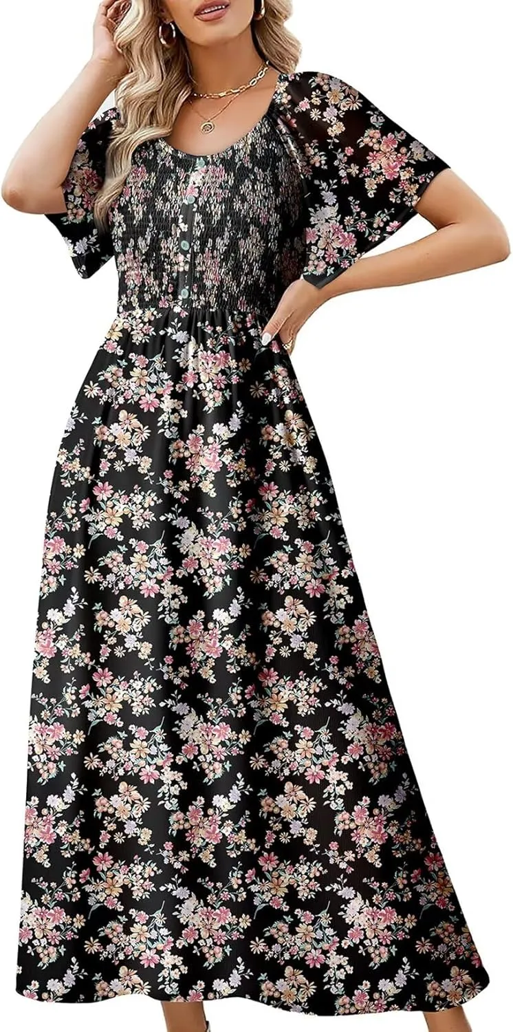 Dokotoo Womens Dresses 2025 Square Neck Tie Backless Summer Dresses Cap Sleeve Floral Buttoned Empire Waist Maxi Dress