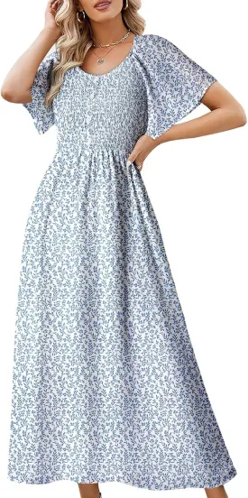 Dokotoo Womens Dresses 2025 Square Neck Tie Backless Summer Dresses Cap Sleeve Floral Buttoned Empire Waist Maxi Dress