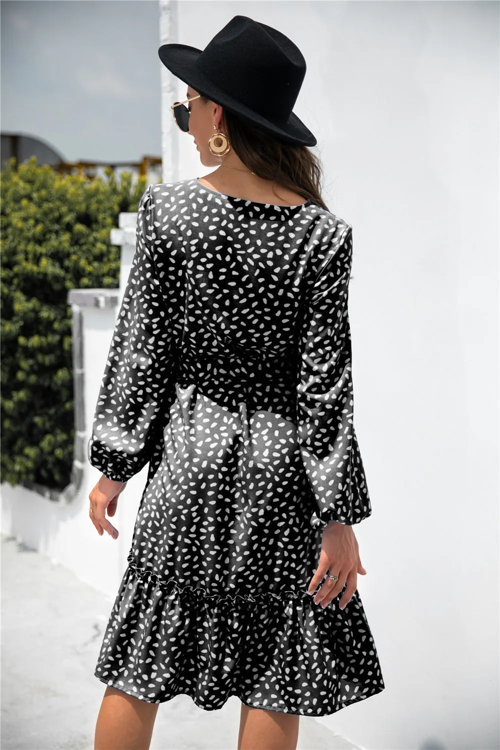 Dot Print Button Ruffle Tunic Dress