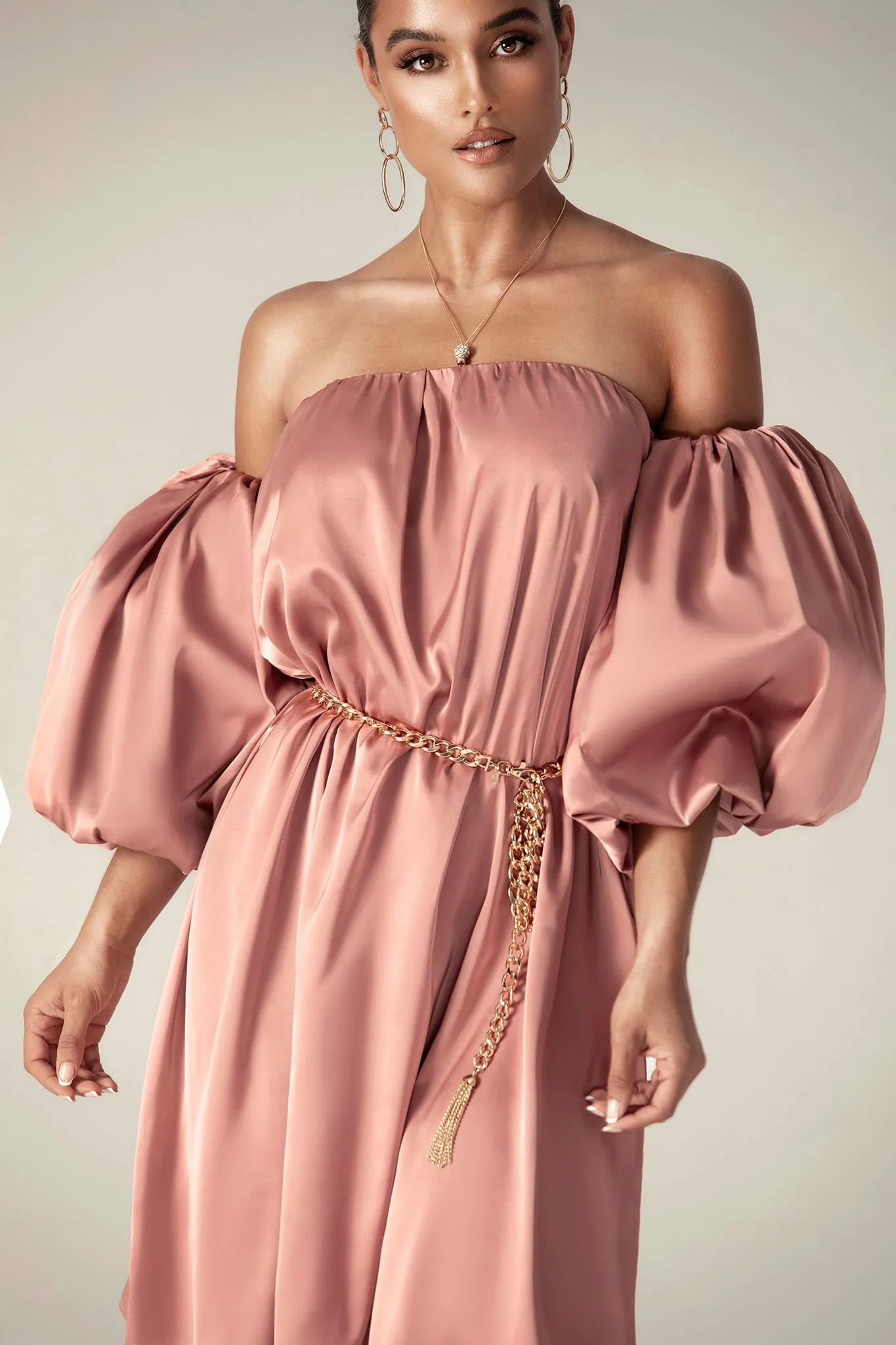 Ella Puff Sleeve Satin Dress (Dusty Pink)