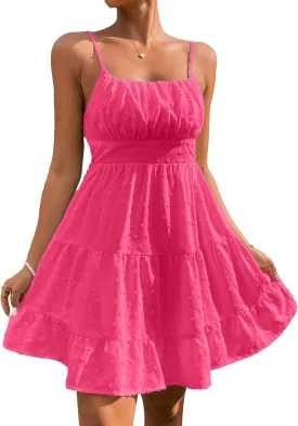 Floerns Women's Swiss Dots Sleeveless Ruched Bust Ruffle Hem Cami Short Dress