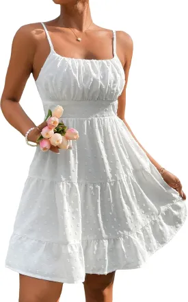 Floerns Women's Swiss Dots Sleeveless Ruched Bust Ruffle Hem Cami Short Dress