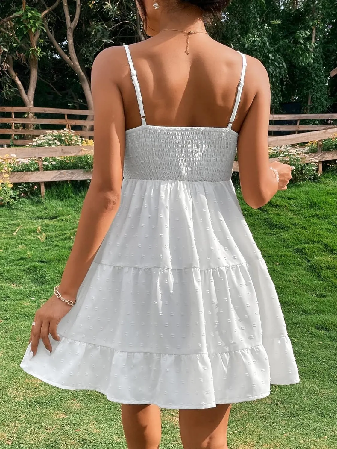 Floerns Women's Swiss Dots Sleeveless Ruched Bust Ruffle Hem Cami Short Dress