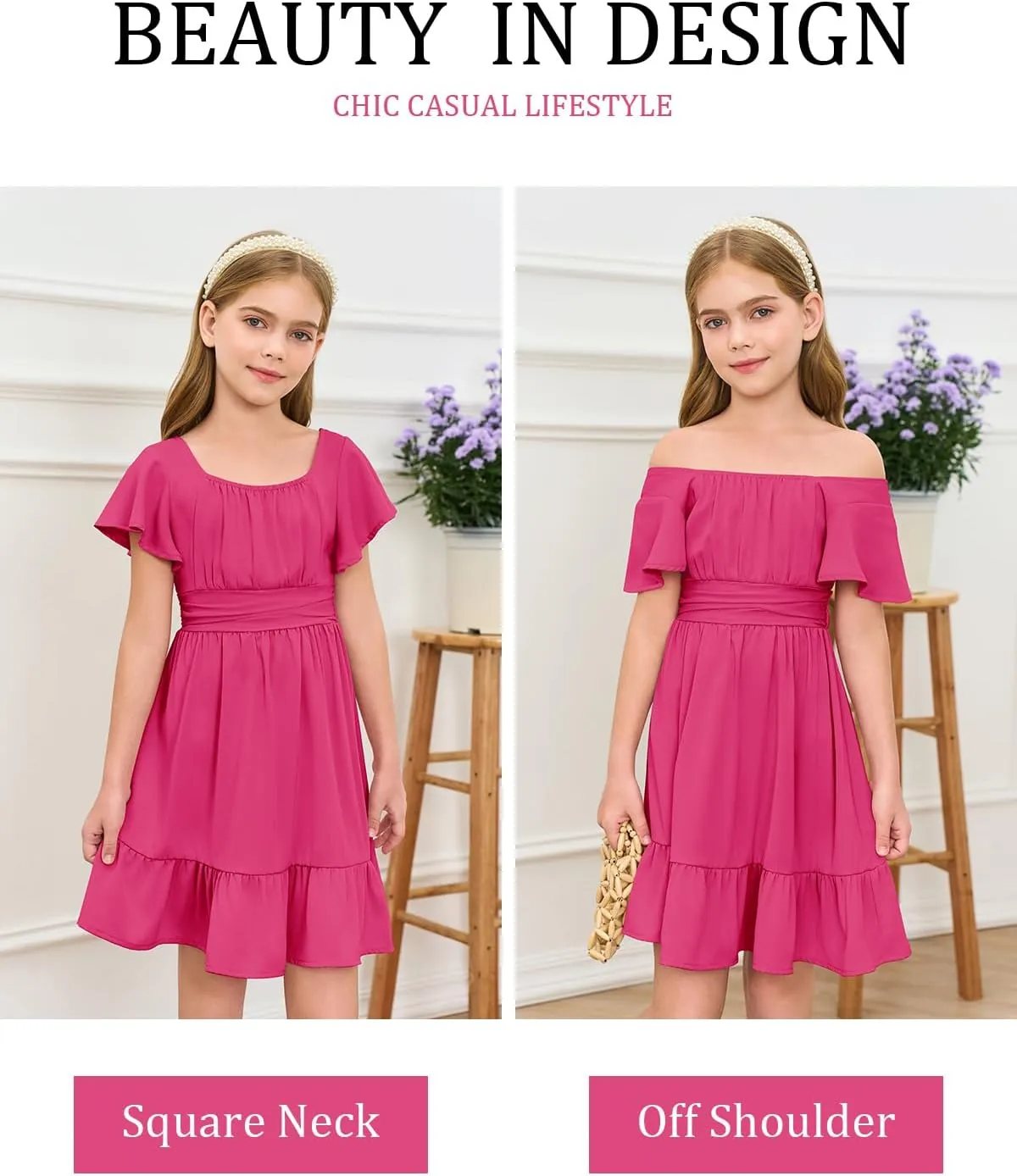 Haloumoning Girls Ruffle Short Sleeve Tie Back Dress Kids Summer Off Shoulder A-line Dresses 5-14 Years