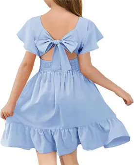 Haloumoning Girls Ruffle Short Sleeve Tie Back Dress Kids Summer Off Shoulder A-line Dresses 5-14 Years