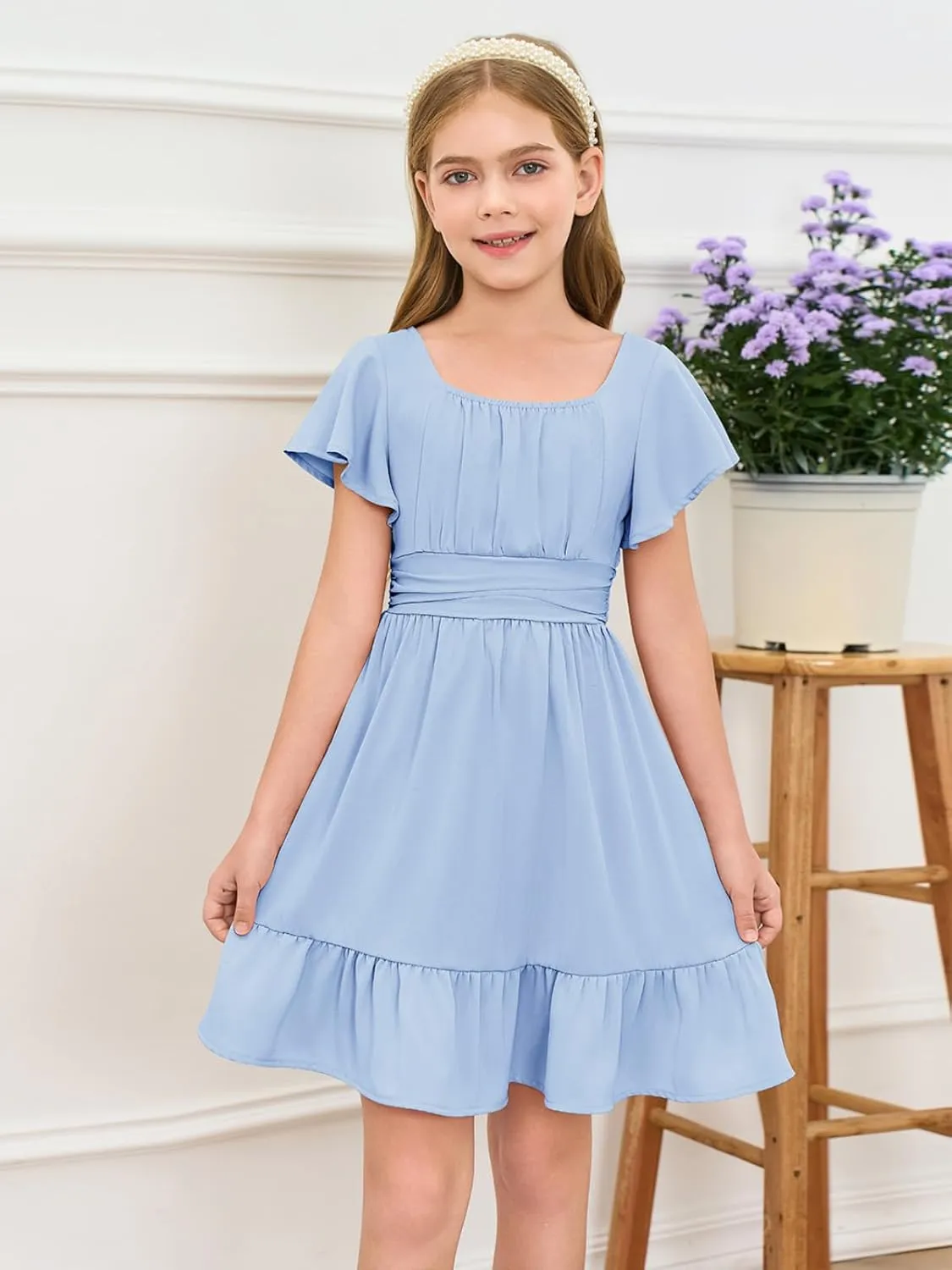 Haloumoning Girls Ruffle Short Sleeve Tie Back Dress Kids Summer Off Shoulder A-line Dresses 5-14 Years