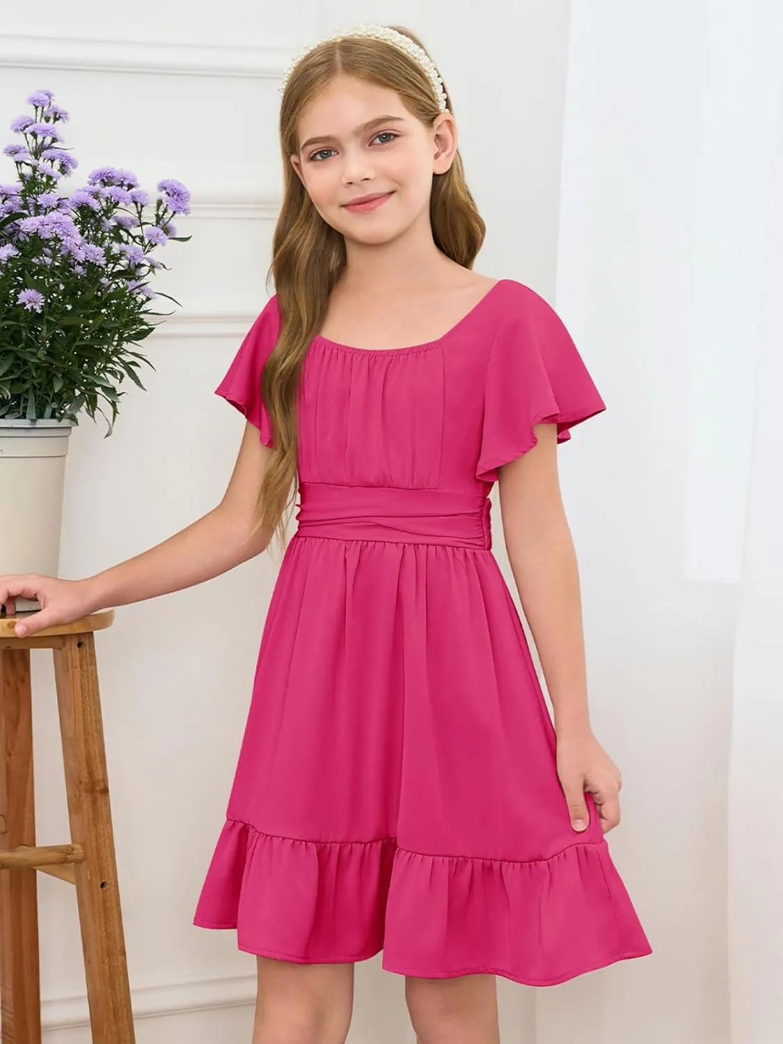 Haloumoning Girls Ruffle Short Sleeve Tie Back Dress Kids Summer Off Shoulder A-line Dresses 5-14 Years