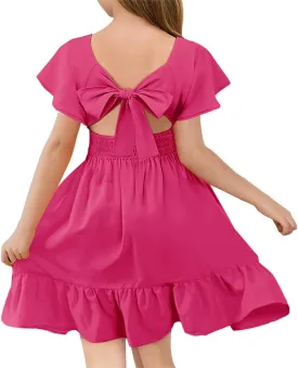 Haloumoning Girls Ruffle Short Sleeve Tie Back Dress Kids Summer Off Shoulder A-line Dresses 5-14 Years