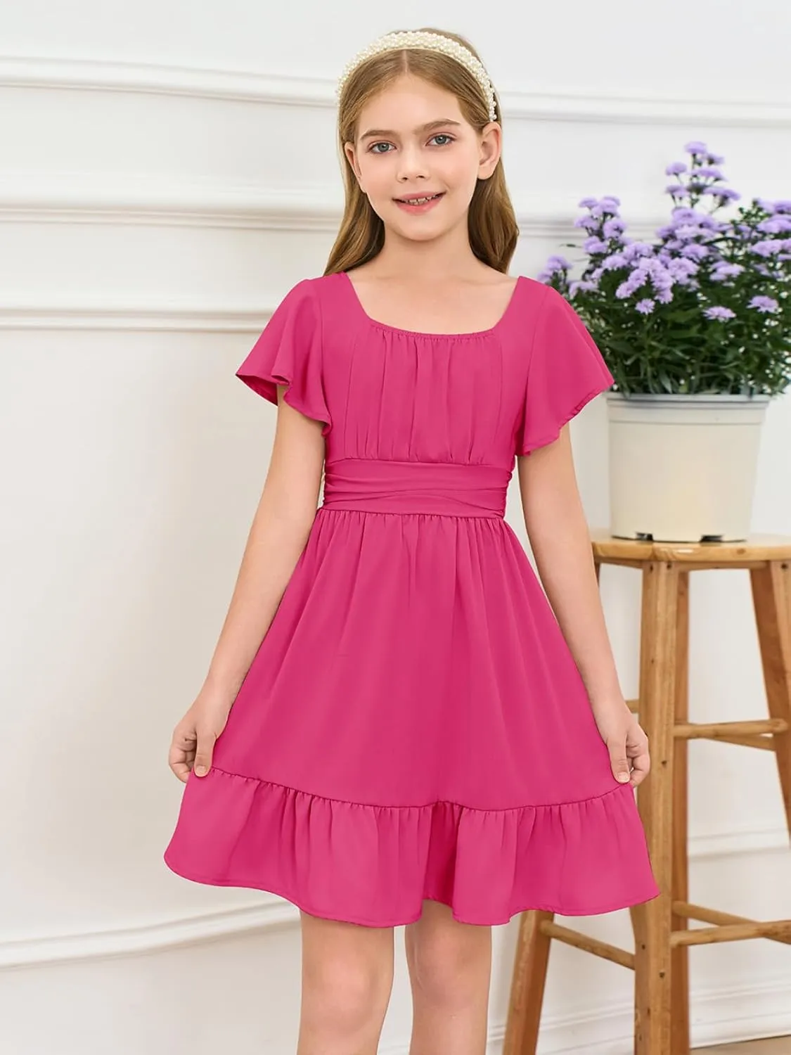 Haloumoning Girls Ruffle Short Sleeve Tie Back Dress Kids Summer Off Shoulder A-line Dresses 5-14 Years