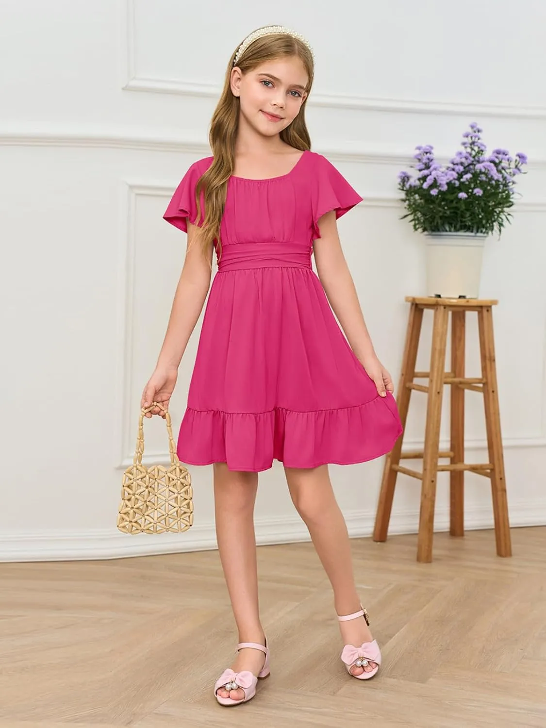 Haloumoning Girls Ruffle Short Sleeve Tie Back Dress Kids Summer Off Shoulder A-line Dresses 5-14 Years