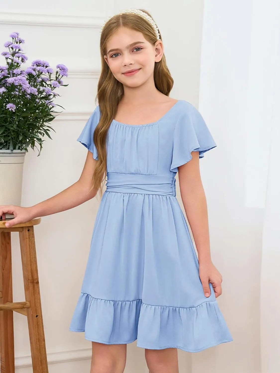 Haloumoning Girls Ruffle Short Sleeve Tie Back Dress Kids Summer Off Shoulder A-line Dresses 5-14 Years