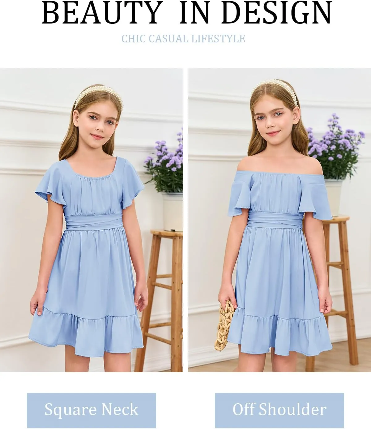 Haloumoning Girls Ruffle Short Sleeve Tie Back Dress Kids Summer Off Shoulder A-line Dresses 5-14 Years