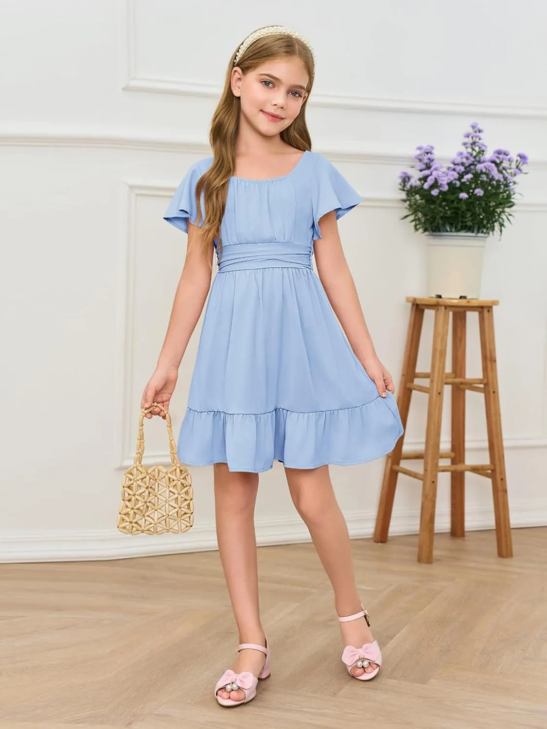 Haloumoning Girls Ruffle Short Sleeve Tie Back Dress Kids Summer Off Shoulder A-line Dresses 5-14 Years