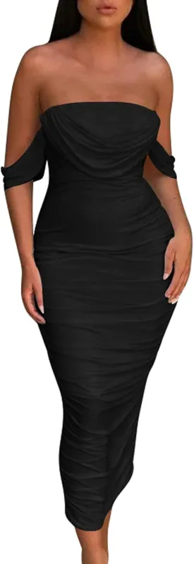 HOCILLE Women's Sexy Ruched Bodycon Strapless Off Shoulder Midi Club Party Tube Dresses